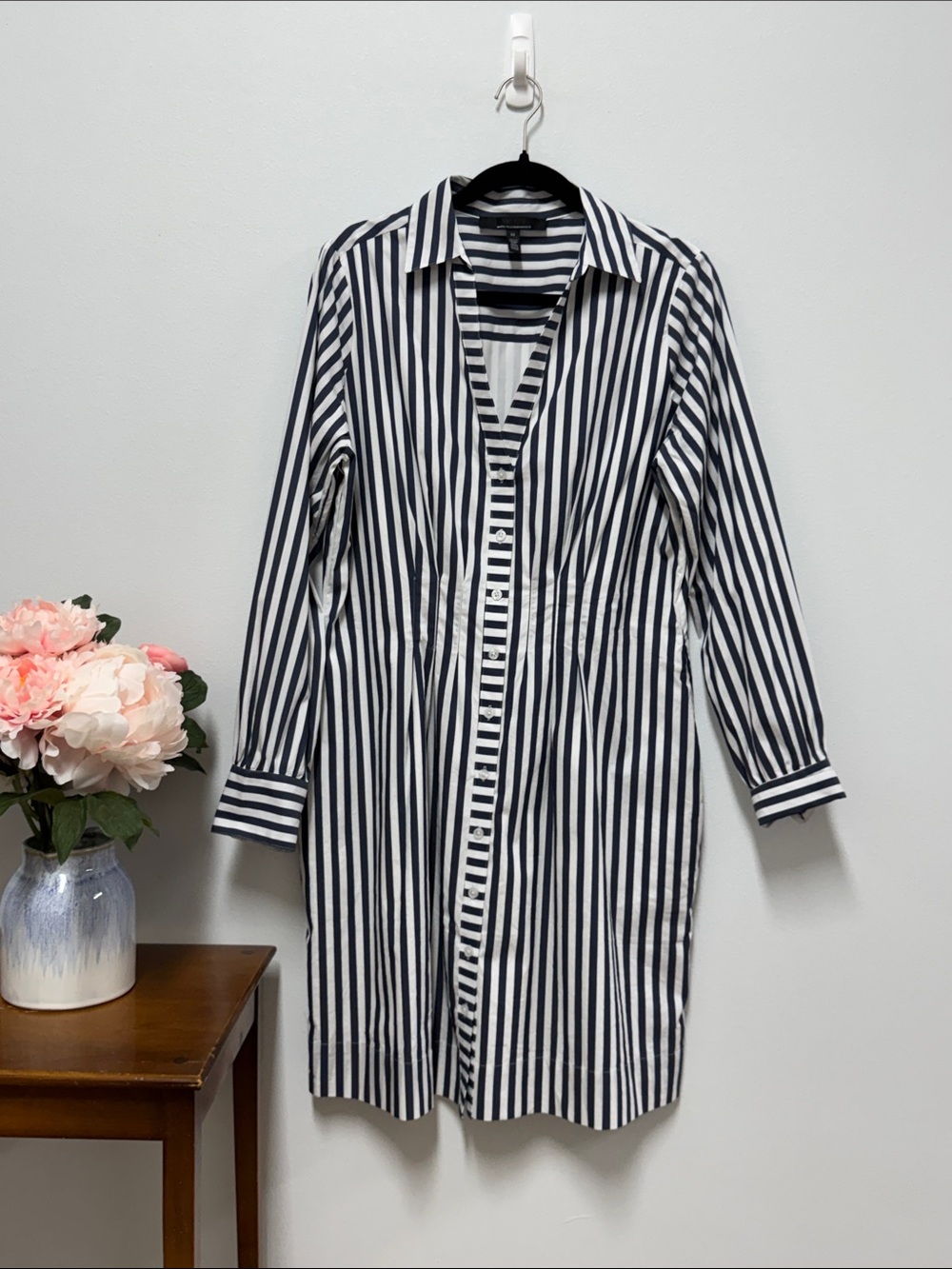 White House Black Market Navy & White Striped Poplin Shirt Dress - Picture 4 of 9